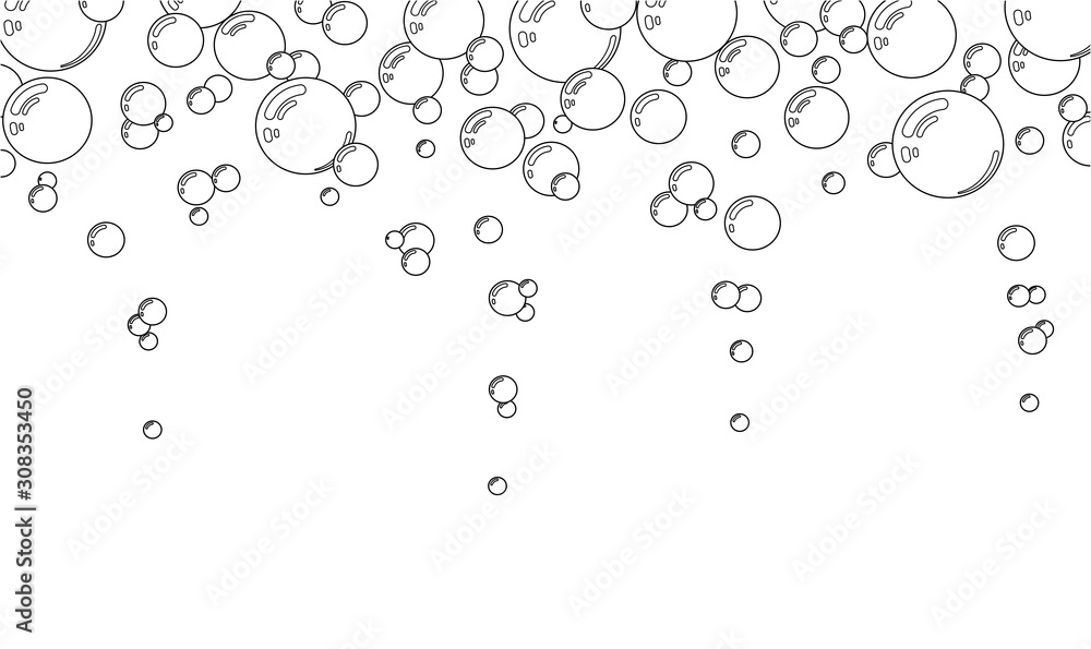 Abstract background of underwater air bubbles. Texture of the sea, aquarium, pond. Fizzy water or soap foam texture. Effervescent drink.  Isolated contour. Vector illustration