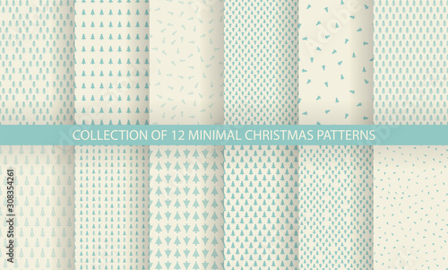 Collection of minimal seamless Christmas patterns in retro colors. Christmas and New Year design. Vector illustration with trees, snowflakes and stars