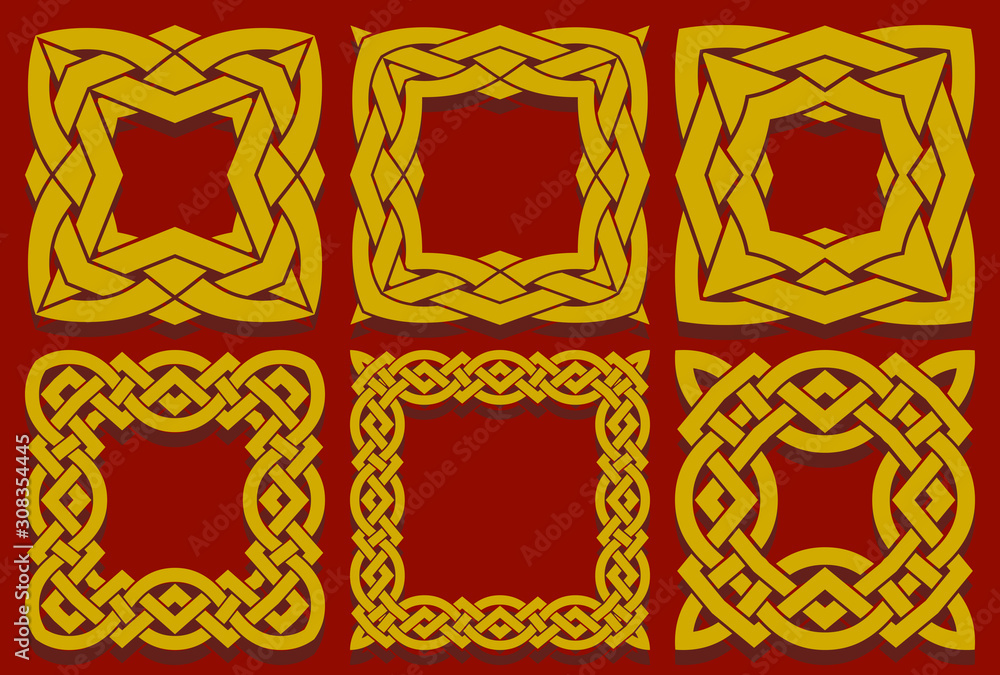 Obraz premium Set of interwoven knot border square elements or Frames in ethnic style. Chinese, Asian or Celtic pattern of interweaving stripes.