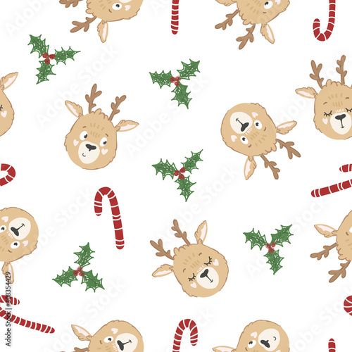 Cute lovely cartoon reindeer on white background with mistletoe and candy canes. Seamless Christmas vector pattern illustration in childish style