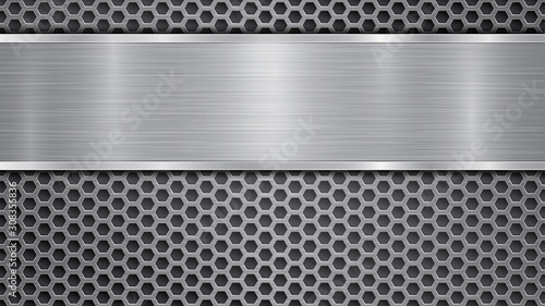 Background in gray colors, consisting of a metallic perforated surface with holes and a polished plate with metal texture, glares and shiny edges