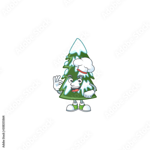 Happy Chef christmas tree snow cartoon character with white hat