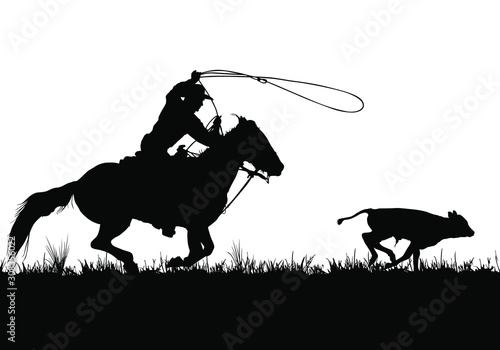 A vector silhouette of a cowboy riding a horse roping a calf.