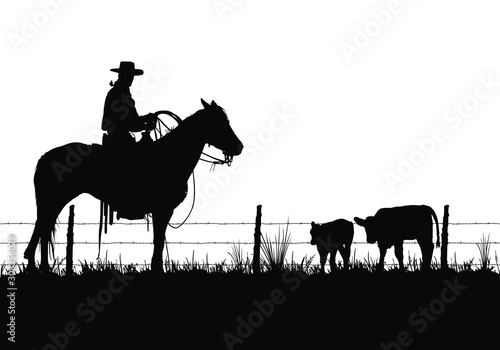 A vector silhouette of a working ranch cowboy on a horse with two young cows.
