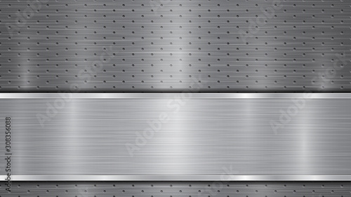 Background in gray colors, consisting of a metallic perforated surface with holes and a polished plate with metal texture, glares and shiny edges