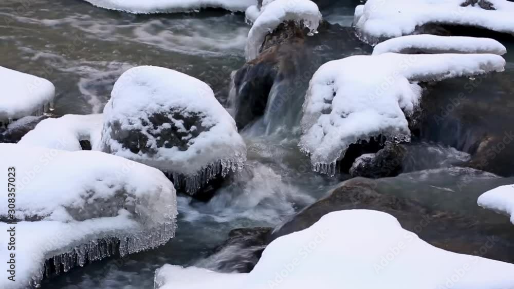 Seamless video loop features a snowy creek with flowing water and frozen icicles in winter weather Seamless video loop features a snowy creek with flowing water and frozen icicles in winter weather