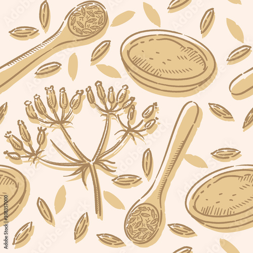 Seamless pattern with cumin seeds and plant isolated on white.