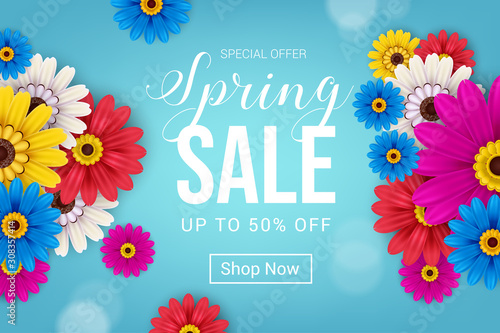 spring sale banner on blue background with pattern flower concept design vector