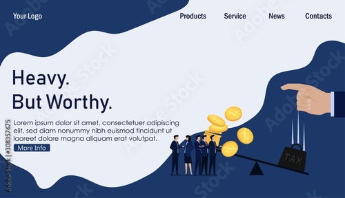 Hand drop heavy tax weight to balance and coins scattered business team complain. Business Landing Page Template.