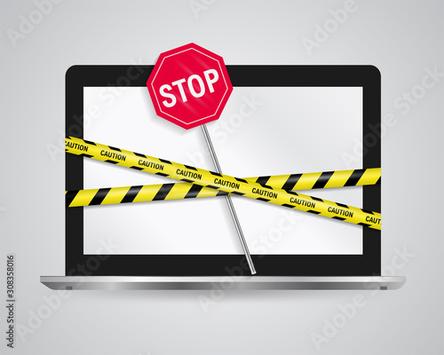Laptop screen covered with restriction band and stop sign isolated on white. Parental control, adult content, harmful information on the internet symbol. Access permission, personal information safety