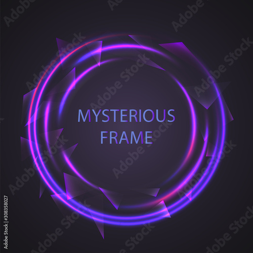 Dim light mysterious neon illumination vector frame isolated on black background. Glass shards with sharp edges, disco nightclub, or horror movie advertising banner. Purple sci fi poster decoration.
