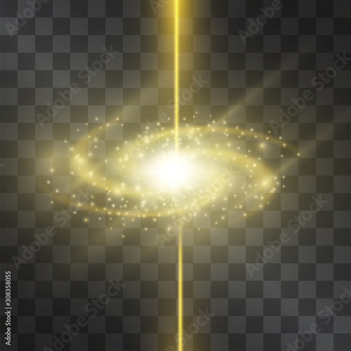 Golden glow spider galaxy vector light effect with orbits, shining stardust halo. Decorative glittering sparkles, nebula. Highlight energetic motion with piercing laser on transparent background.