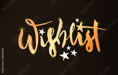 Vector illustration of Wishlist inscription with magic wand and stars. Golden brush pen lettering, modern calligraphy for Christmas and New Year shopping list, bullet journal. EPS 10