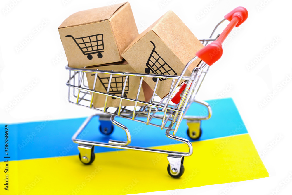 Box with shopping cart logo and Ukraine flag : Import Export Shopping online or eCommerce finance delivery service store product shipping, trade, supplier concept..