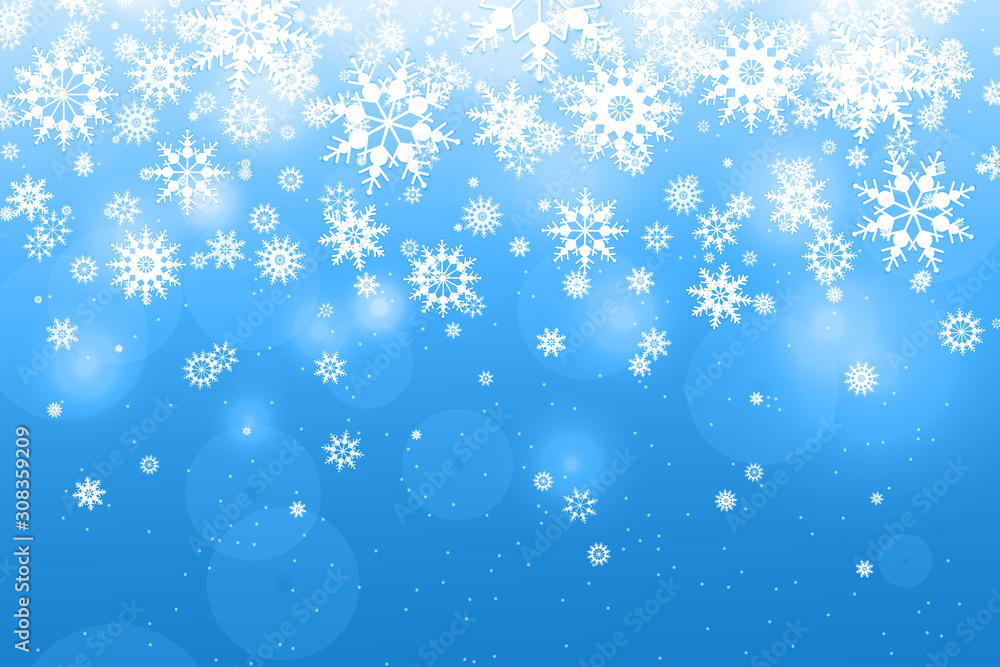 Light Blue Background with snowflakes. Falling white snowflakes. Snow background. Vector illustration
