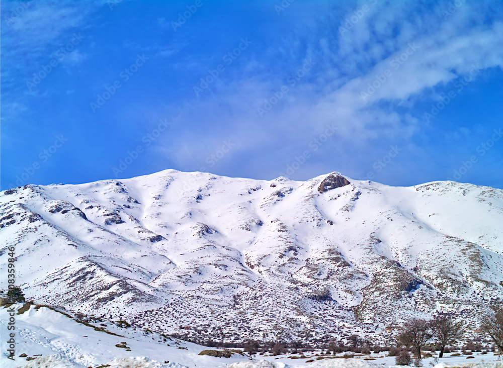 Snow covered mountains of Zireia, Peloponnese, Greece.