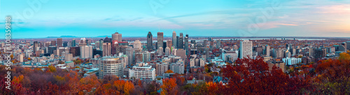 Montreal downtown sunset with colorful autumn season leaves.