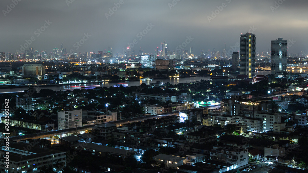 Panorama of Night cityscape image  in bangkok,thailand