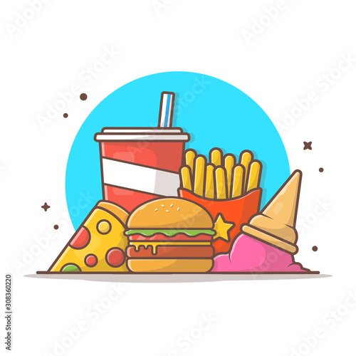 Burger Combo with Ice Cream, Soda and Slice Pizza, French Fries. Fast Food Logo. Cafe and Restaurant Menu. Flat Cartoon Style Suitable for Web Landing Page,  Banner, Flyer, Sticker, Card, Background