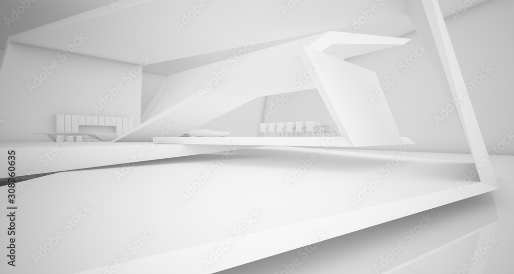 Obraz premium Abstract architectural white interior of a minimalist house with swimming pool. 3D illustration and rendering.