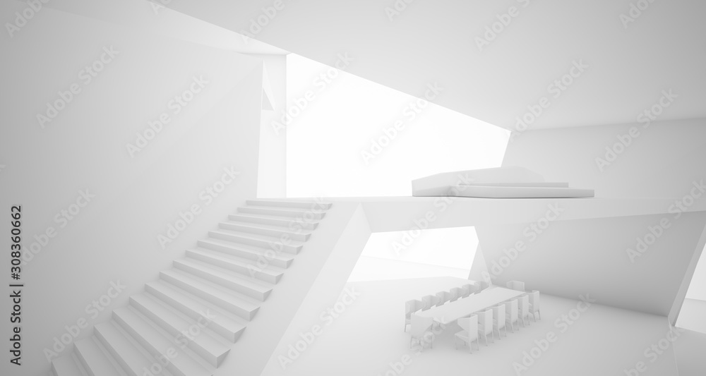 Fototapeta premium Abstract architectural white interior of a minimalist house with swimming pool. 3D illustration and rendering.