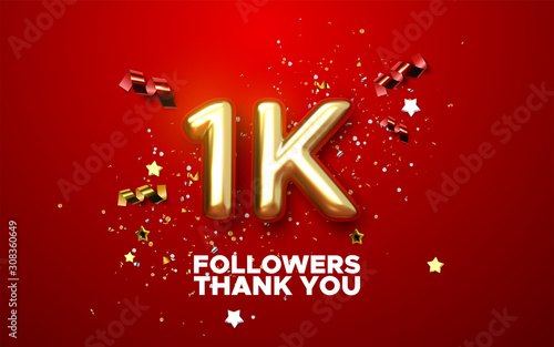 One thousand. Thank you followers. Vector 3d illustration for blog or post design. 1K golden sign with confetti on red background. Social media festive banner. photo