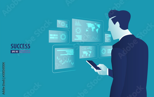 Businessman controlling futuristic hologram interface with smartphone. Business vector concept illustration