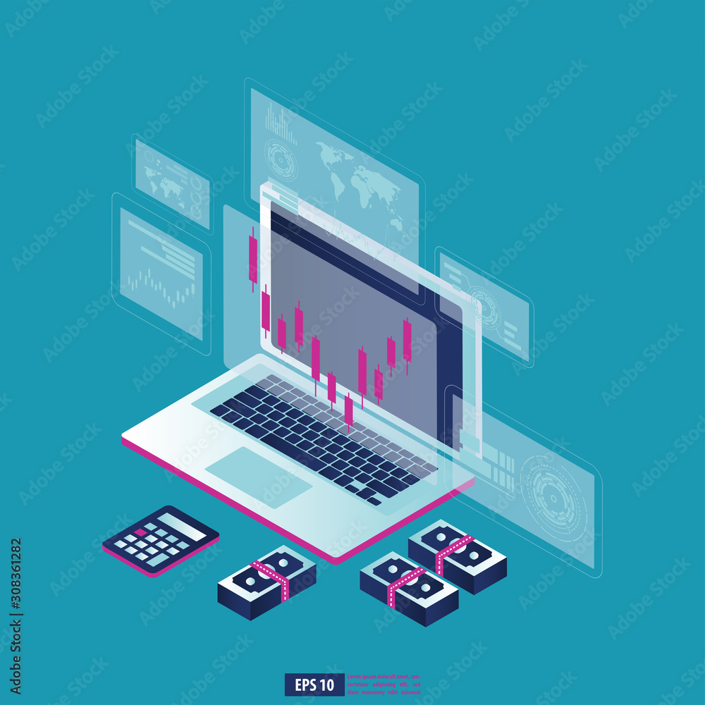 Return on investment ROI graph and chart in laptop. business growth arrows to success. business background vector illustration Return on investment ROI graph and chart in laptop. business growth arrows to success. business background vector illustration
