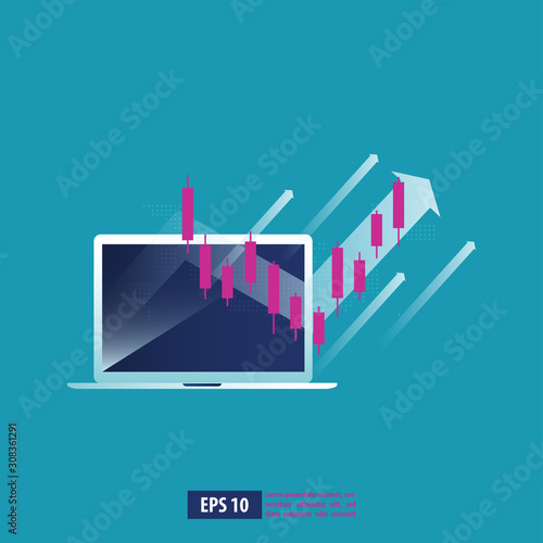 Return on investment ROI graph and chart in computer monitor. business growth arrows to success. business background vector illustration