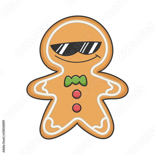 Cool sunglasses Christmas holiday ginger bread cookie cartoon character isolated on white
