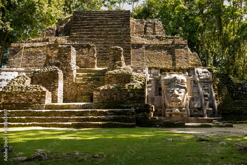 Mayan Mask temple at Lamanai in Northern Belize.