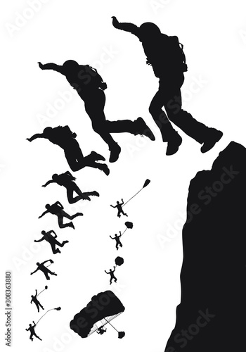 Vector silhouette of a BASE jumper jumping off a cliff.