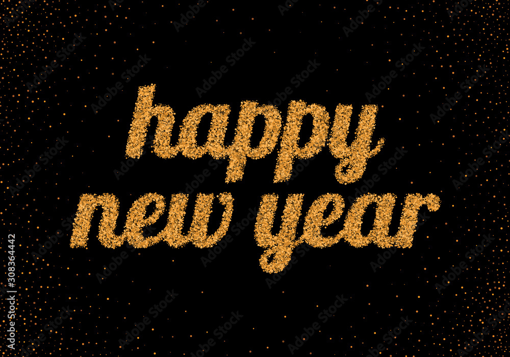 New Year golden festive text on black background.