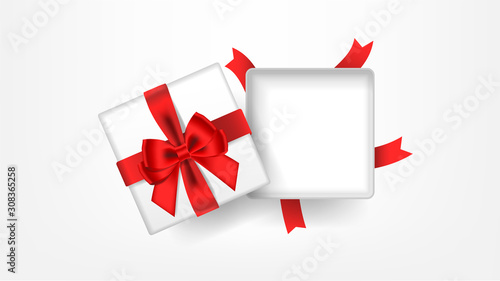 White open square gift box decorated with bow-ribbon red. Top view. Vector illustration.