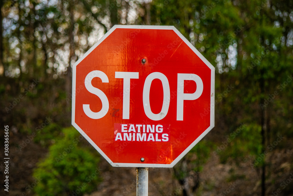 Vertical image of a tradional red traffic warning sign which has been cleverly vandalised with a sticker to read 'STOP Eating Animals'.  Clever social environment, vegentarian and vegan message