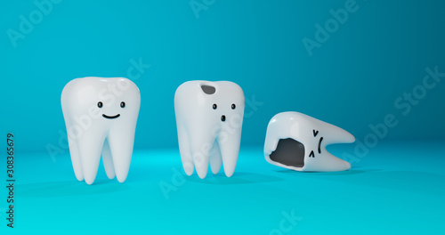 Image of cartoon style tooth character  a healthy tooth  teeth with a hole and caries. Concept for dental clinic  medicine  treatment of children s teeth design. 3d render illustration.