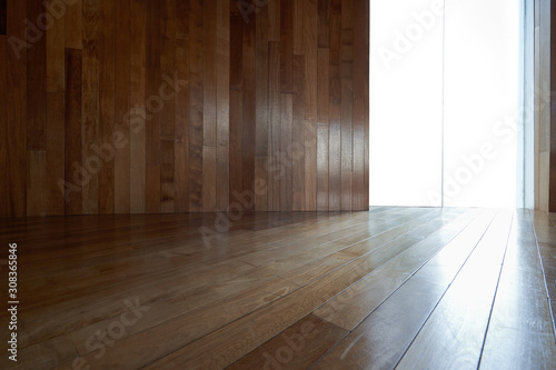 Partition brown wooden and glass wall with floor