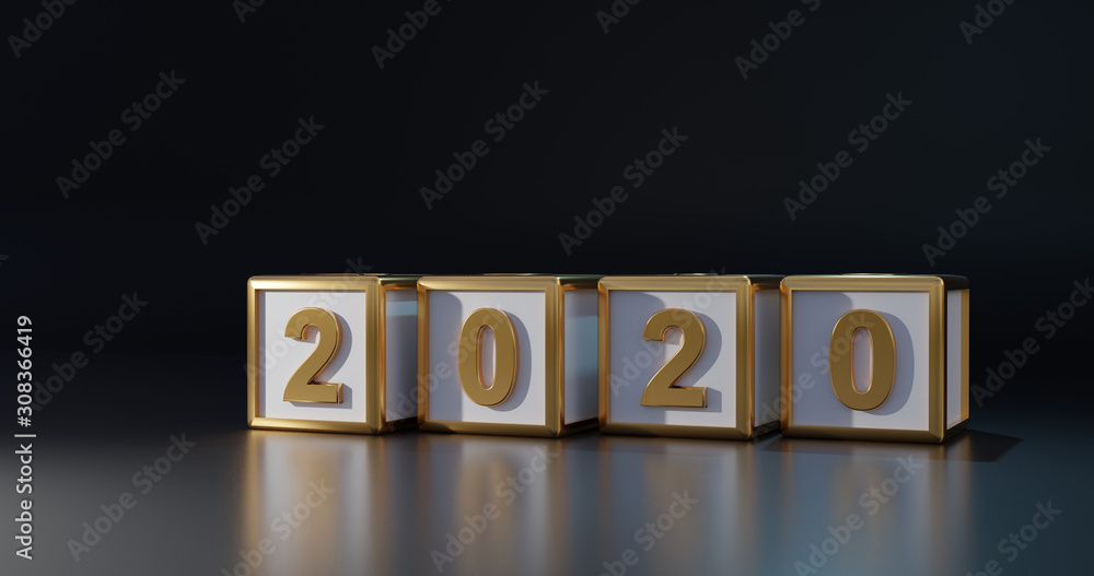 Obraz premium Cubes with gold number 2020. Concept of New 2020 year. 3d background of black color design. 3d render illustration.