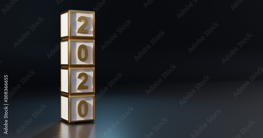 Cubes with gold number 2020. Concept of New 2020 year. 3d background of black color design. 3d render illustration. Cubes with gold number 2020. Concept of New 2020 year. 3d background of black color design. 3d render illustration.