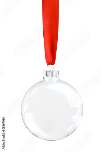 Clear Christmas ornament hanging from shiny red ribbon. Empty space in bauble for text or product. Isolated on white.