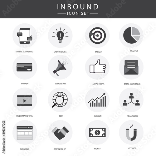 Solid inbound marketing vector icon set - CTAs, social media, magnet
