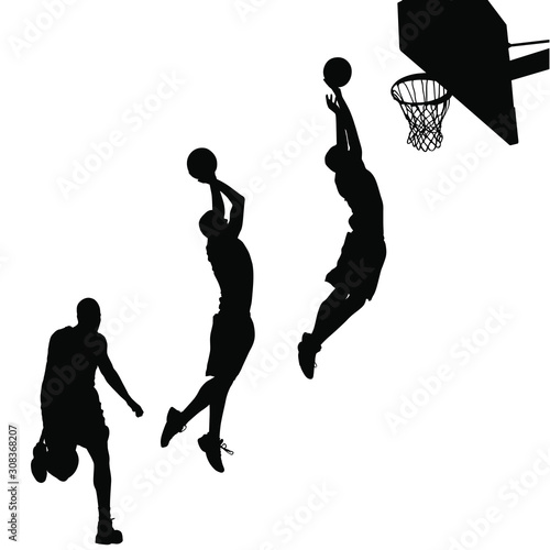 A vector silhouette of a blasetball player dunking the ball.