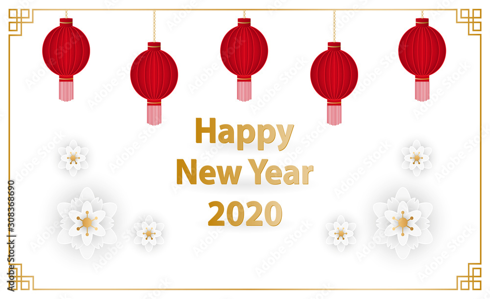 Naklejka premium Happy Chinese new year 2020 year of the rat paper cut style. Vector Illustration. Paper cut flowers.Background for greetings, card, flyers, invitation, posters, brochure, banners, calendar.