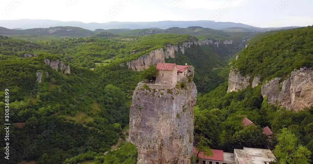 Flying at the Katskhi Pillar in Georgia by drone on ening. Flying at the Katskhi Pillar in Georgia by drone on ening.
