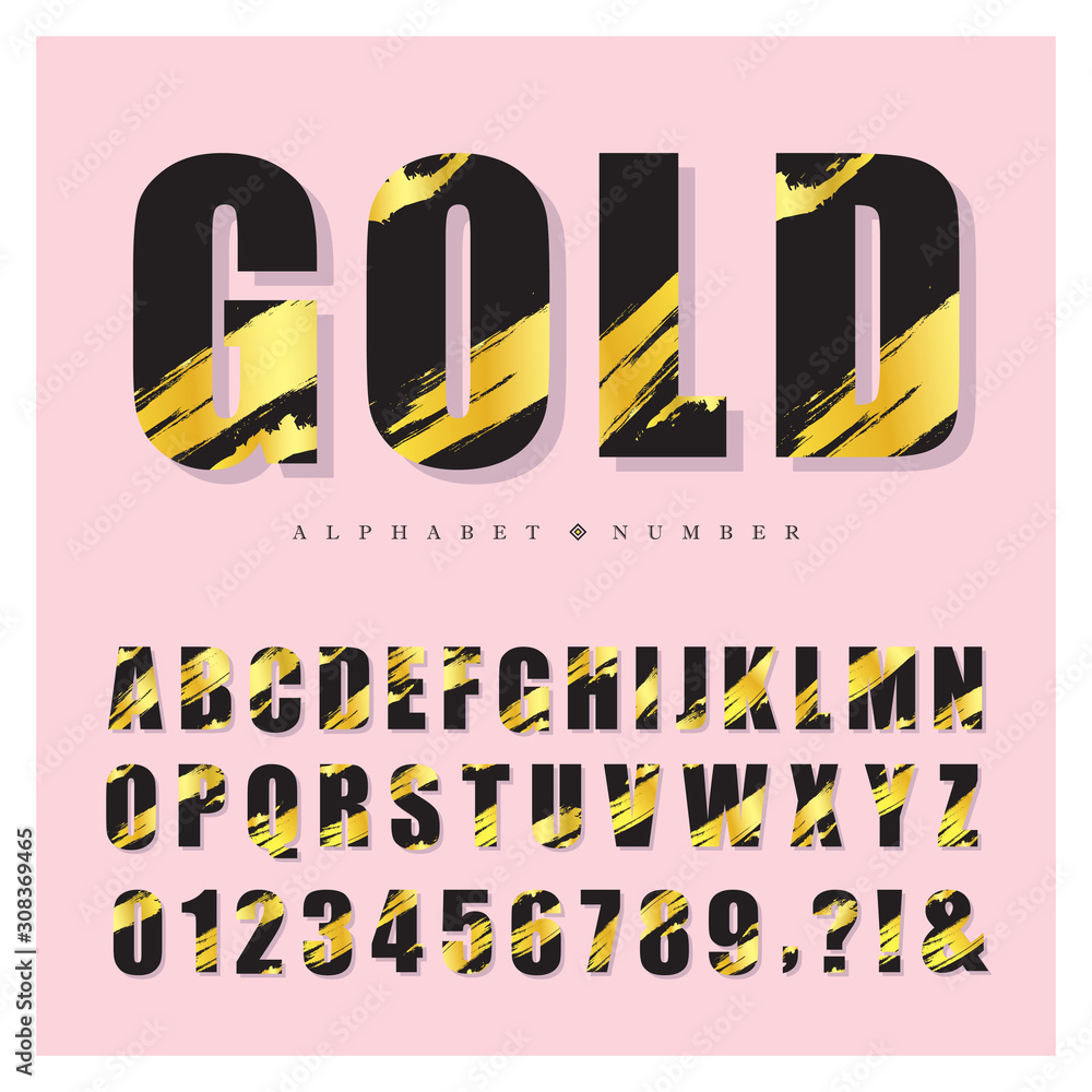 Black & gold paint brush alphabet and number set. Modern stylish bold
