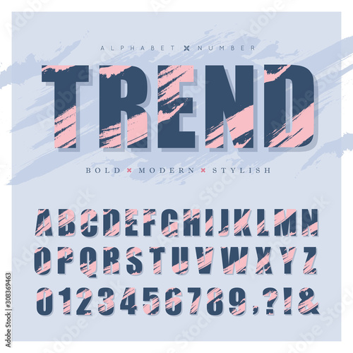 Rough artistic paint brush stroke alphabet and number set. Modern stylish bold font or typeface for headline or title design of poster, brochure or graphic print.  