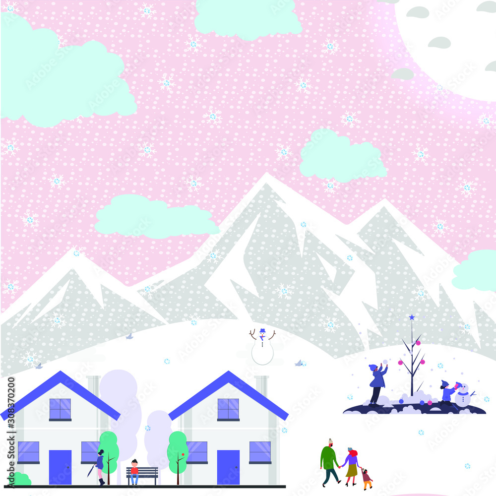Panoramic vector illustration of winter wonderland in pink pastel background.The cute small village in Christmas day with snow.Kids playing outside with snowman and snowball.Minimal winter landscape.