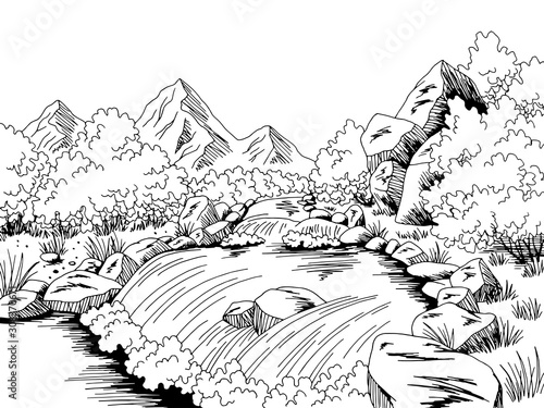 Mountain river graphic black white landscape sketch illustration vector