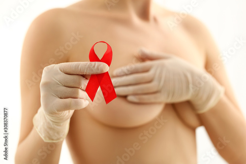 Woman Breasts Anti Cancer Ribbon Campaign Portrait