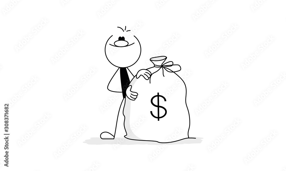 Doodle stick figure: Cartoon finance concept. Man or businessman with a big bag of money. Doodle stick figure: Cartoon finance concept. Man or businessman with a big bag of money.